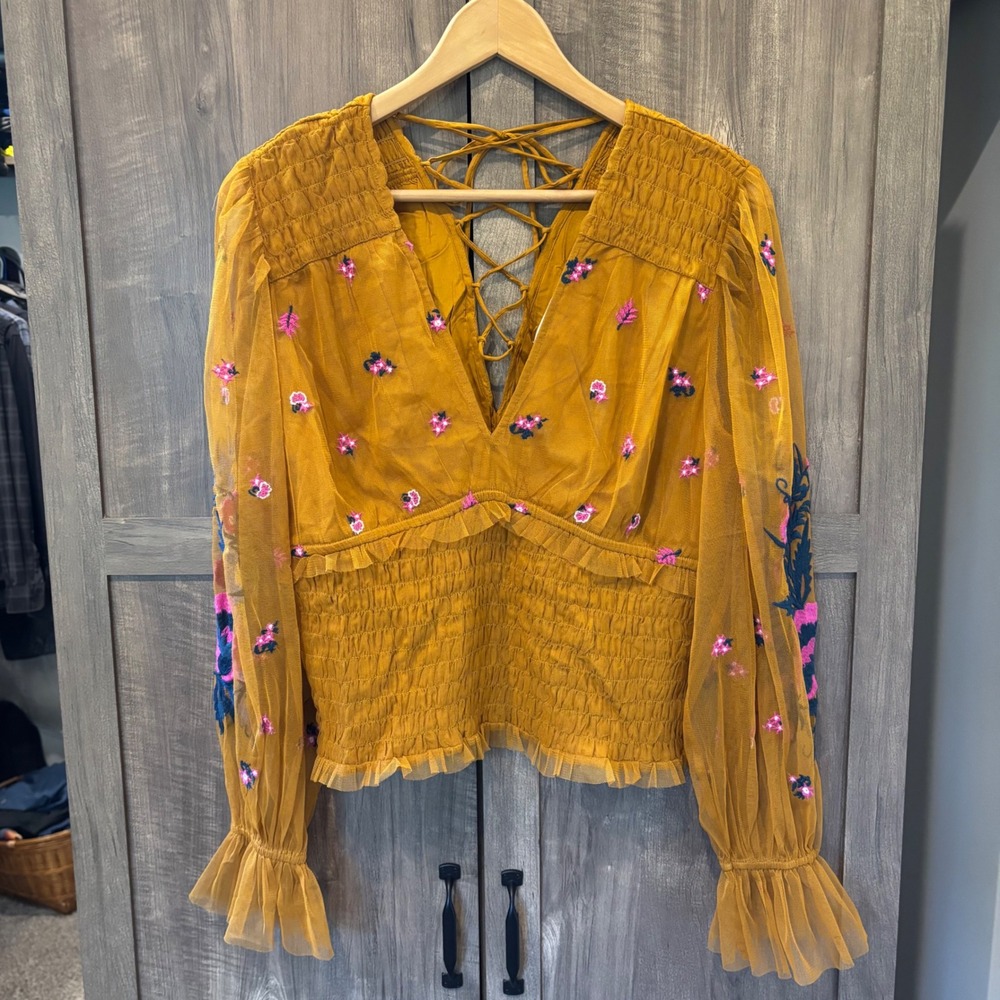 Anthropologie Smocked Tulle Blouse Mustard Yellow Floral Embroidered Top Large